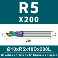 Frez kulowy, kula 2-ostrzowy VHM powłoka DLC Rozmiar: Ø10.0xR5x10Dx200L