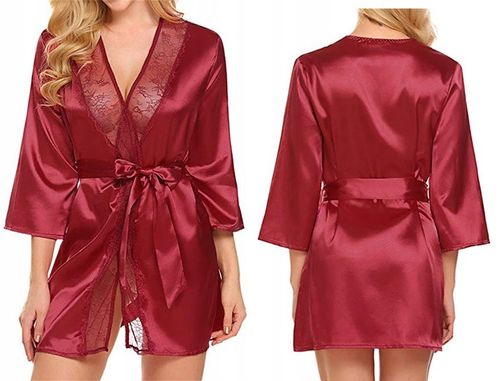 SATYNOWY SZLAFROK DAMSKI PODOMKA Z KORONKĄ ELEGANCKI PENIUAR STRINGI KOLORY na Arena.pl