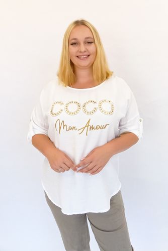 Biała Asymetryczna Bluzka ze Złotym Napisem CoCo UNI na Arena.pl