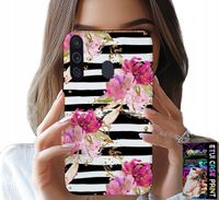 ETUI DO SAMSUNG GALAXY A21 - KWIATKI W CZARNO - BIAŁE PASKI WZORY