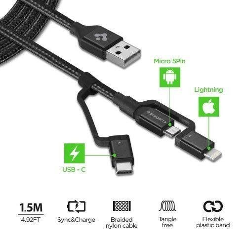 Spigen C10I3 3In1 Type-C & Lightning & Micro-Usb Cable 150Cm Black na Arena.pl