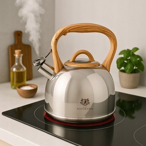 CZAJNIK STALOWY GAZ 3l SZARO KREMOWY z GWIZDKIEM DREWNIANA RĄCZKA na Arena.pl