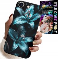 ETUI DO IPHONE 7 / 8 / SE2 - TURKUSOWE LILIE KWIATY OBUDOWA + SZKŁO