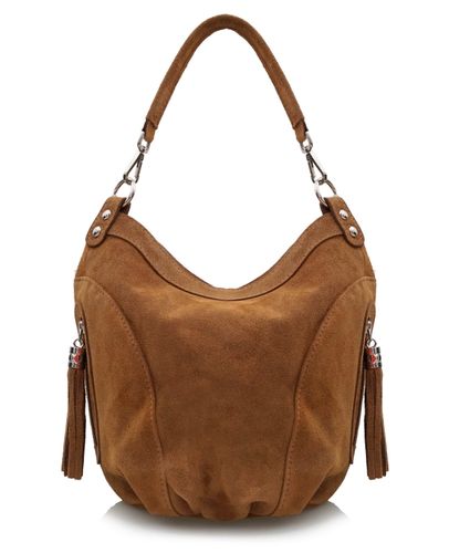 VERA PELLE torebka zamszowa worek z frędzelkami i paskiem V322 oliwkowa na Arena.pl