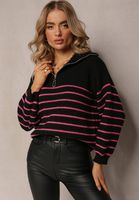 Golf Sweter z Zapięciem na Suwak w Paski z Długim Rękawem Czarny L 40