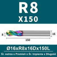 Frez kulowy, kula 2-ostrzowy VHM powłoka DLC Rozmiar: Ø16.0xR8x16Dx150L