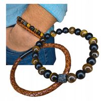 Zestaw Bransoletka Męska Lawa Tygrysie Oko Black Stone + Skóra Naturalna