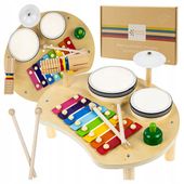 STOLIK MUZYCZNY EDUKACYJNY DREWNIANY CYMBAŁKI PERKUSJA ZESTAW MONTESSORI