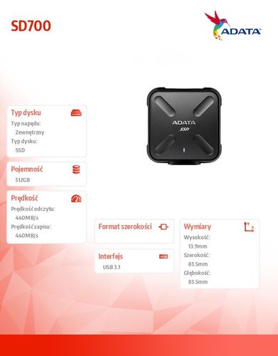 Adata SSD External SD700 512G USB3.1 Durable Czarny na Arena.pl
