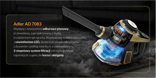 Odkurzacz pionowy bezworkowy Adler Light Gold 700 W z turboszczotką na Arena.pl