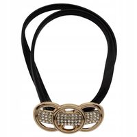 Pasek damski sprężynka 3 złote kółka na prostokącie z cyrkoniami czarny