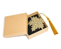 Zakładka do Książki Liść Klonu Metalowy Złoty Frędzel + Ozdobne Pudełko