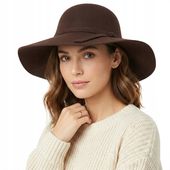 KAPELUSZ DAMSKI FILCOWY Z DUŻYM RONDEM BRĄZ BOHO brązowy