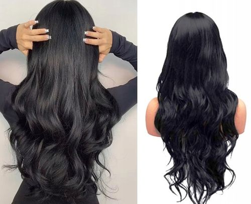 PERUKA DAMSKA WŁOSY DŁUGIE CZARNE FALE SZTUCZNE SYNTETYCZNE 65 CM Z GRZYWKĄ na Arena.pl