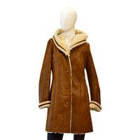 Skórzany Kożuch damski z kapturem na guziki ciepły przed kolano Bukowski Rozmiar odzieży XL