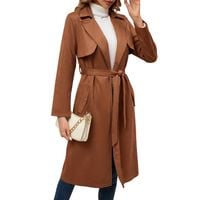 Długi Trencz Damski Zamszowy Pasek Kawowy Płaszcz Jesienny XXL Swobodny