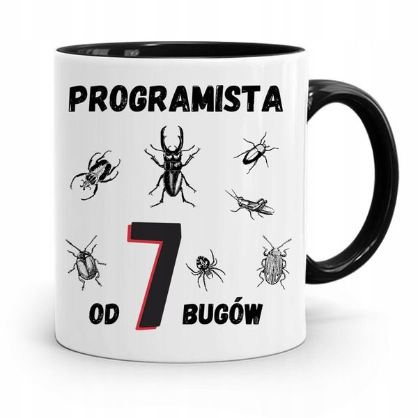 Kubek Czarny Informatyka Programisty Od 7 Bugów Z Nadrukiem Ze Zdjęciem zdjęcie 1
