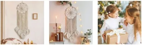 MAKRAMA NA ŚCIANĘ BOHO ŁAPACZ SNÓW OZDOBA ŚCIENNA ZE SZNURKA LIŚCIE OZDOBNE na Arena.pl