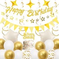Zestaw Balonów Urodzinowych Złote Banery Konfetti Gwiazdki Dekoracja Tortu
