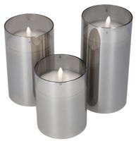 ŚWIECE LED 3 SZTUKI 10 12,5 15CM SZARE SZKŁO CONFY