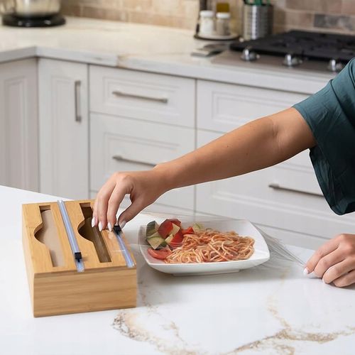 DOZOWNIK BAMBUSOWY DO FOLII SPOŻYWCZEJ Z OBCINACZEM KUCHENNY DWUKOMOROWY na Arena.pl