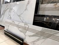 Płytki na schody 120x30 BIAŁY KAMIEŃ szare ŻYŁKI - komplet schodowy POŁYSK