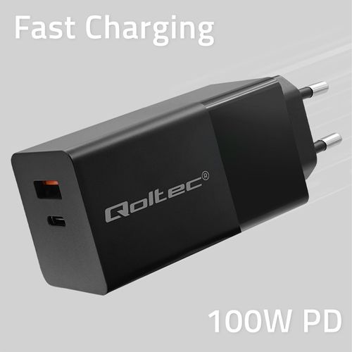 Qoltec Mocna Ładowarka GaN POWER PRO 1xUSB-C 1xUSB 100W 5-20V 1.5-3.35A PD na Arena.pl