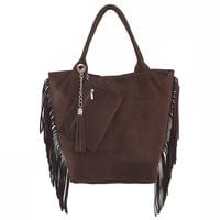 VERA PELLE torebka zamszowa shopper z frędzlami i saszetką V460 c.brązowa