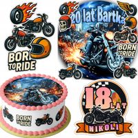 ZESTAW OPŁATEK NA TORT 20CM + 16 POSTACI - MOTOCYKL MOTOR + IMIĘ 15CM 18CM