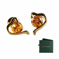 Kolczyki Pozłacane z Bursztynem Srebro 925 Brąz Wkrętki Sztyfty Serca