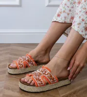 Pomarańczowe klapki espadryle z cyrkoniami i kamykami Najros 36