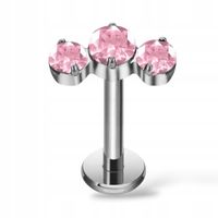 PIERCING Kolczyk SREBRNY labret trzy różowe cyrkonie TYTAN FLAT 1.2/8