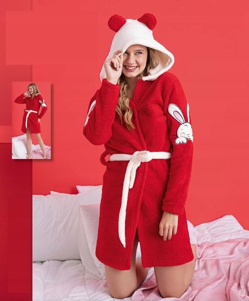 Szlafrok damski z kapturem miękki pluszowy soft czerwony króliczek L zdjęcie 1