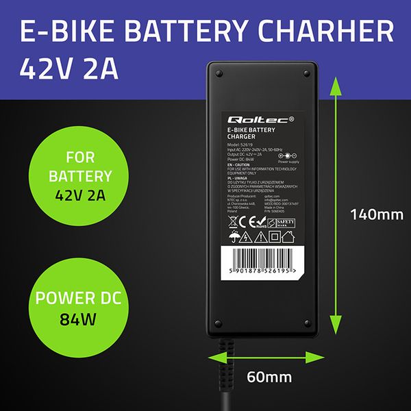 Qoltec Ładowarka e-bike 36/42V 2A GX12-3P + kabel zdjęcie 6