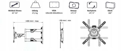 UCHWYT DO TELEWIZORA TV 32-55" WIESZAK REGULOWANY ŚCIENNY + CZĘŚCI na Arena.pl