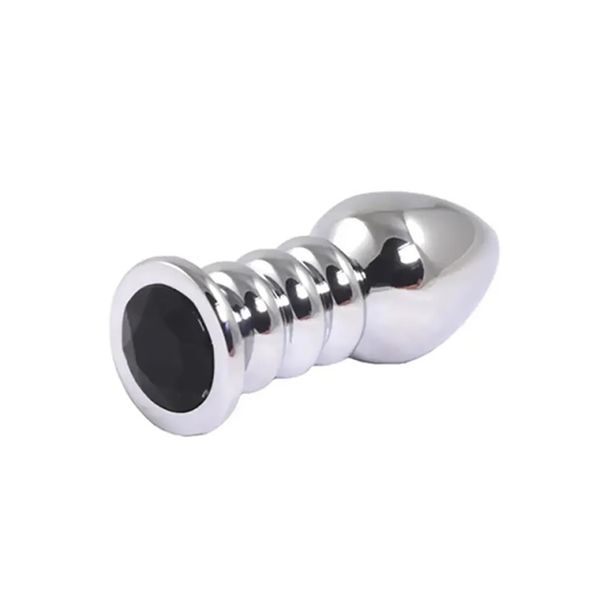 Silver Large Ribbed Butt Plug With Black Crystal zdjęcie 1