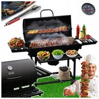 GRILL OGRODOWY WĘGLOWY Z POKRYWĄ I PÓŁKAMI VL09 CZARNY + SZCZYPCE