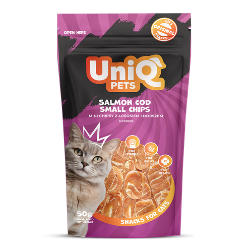 Smaczki dla kota przysmaki mini chipsy z łososiem i dorszem 50g UNIQ PETS na Arena.pl