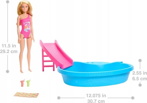 LALKA BARBIE BASEN zestaw basen ze zjeżdżalnią + lalką Barbie w kostiumie na Arena.pl