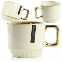 CERAMICZNY KUBEK NA KAWĘ HERBATĘ KREMOWY ZDOBIONY ZE ZŁOTYM UCHEM 320ML