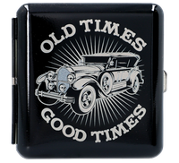 Czarna Metalowa Papierośnica z Motywem Starych Samochodów 9 cm