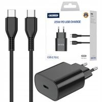 SZYBKA ŁADOWARKA SIECIOWA DLA TELEFONU TYP C | 25W + KABEL USB-C 1M CZARNA