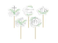 Toppery na tort, ciasta Komunia Święta z motywem eukaliptusu, srebrne 5 szt