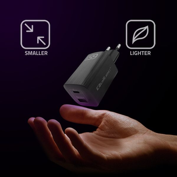 Qoltec Ładowarka sieciowa 65W GaN ULTRA | 5-20V | 2.25-3.25A | 1 x USB typ C PD | 1 x USB QC 3.0 | Czarna zdjęcie 2