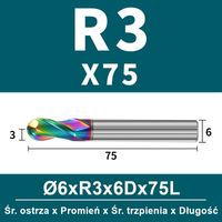 Frez kulowy, kula 2-ostrzowy VHM powłoka DLC Rozmiar: Ø6.0xR3x6Dx75L