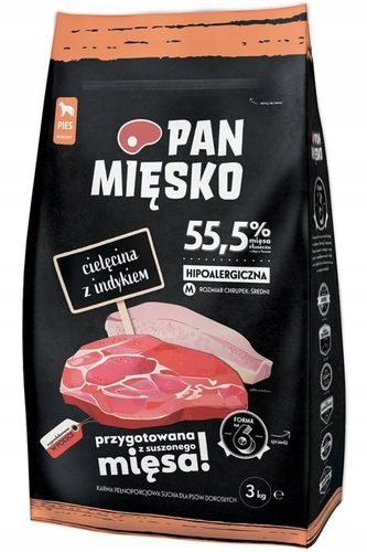 PAN MIĘSKO Cielęcina z Indykiem 3kg Sucha karma dla psa chrupki M na Arena.pl