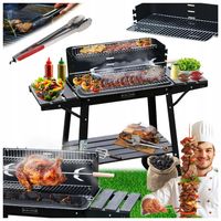 GRILL OGRODOWY WĘGLOWY Z PÓŁKAMI I ROŻNEM VL06-RS CZARNY + SZCZYPCE