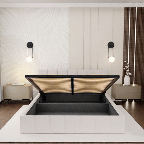 ŁÓŻKO TAPICEROWANE DO SYPIALNI 140x200 ŁÓŻKO PREMIUM Z POJEMNIKIEM KREMOWE na Arena.pl