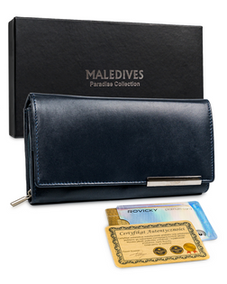 Duży portfel skórzany marki MALEDIVES, zatrzask, RFID Stop