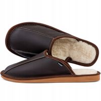 Kapcie męskie ciepłe ocieplane skórzane pantofle wełniane czekolada 43